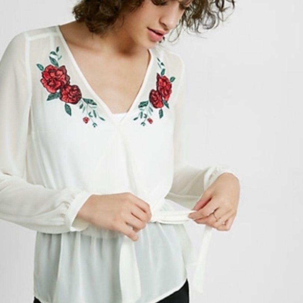 Express Floral Embroidered Long Sleeve Blouse, XS